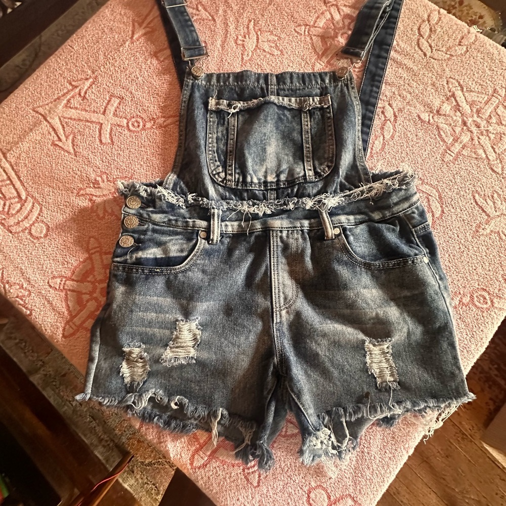 Denim Short Overalls - Blue Distressed Women's Jeans Overalls